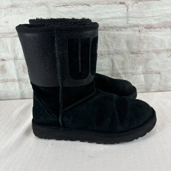 UGG Girl's Women's 6 Black Classic Short Sparkle Suede Glitter Boots - Picture 4 of 9